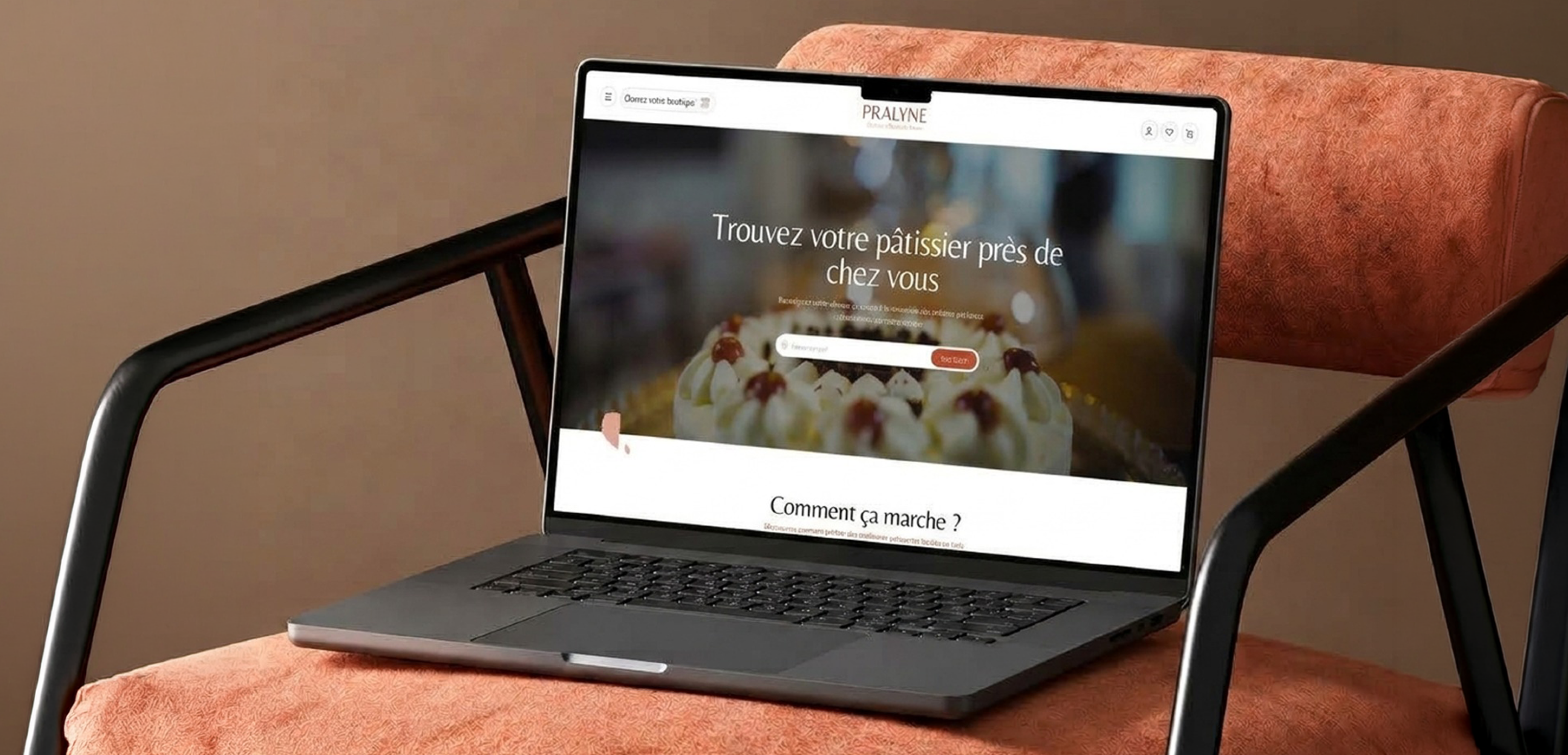 Pralyne Pastry Marketplace Mockup on Laptop