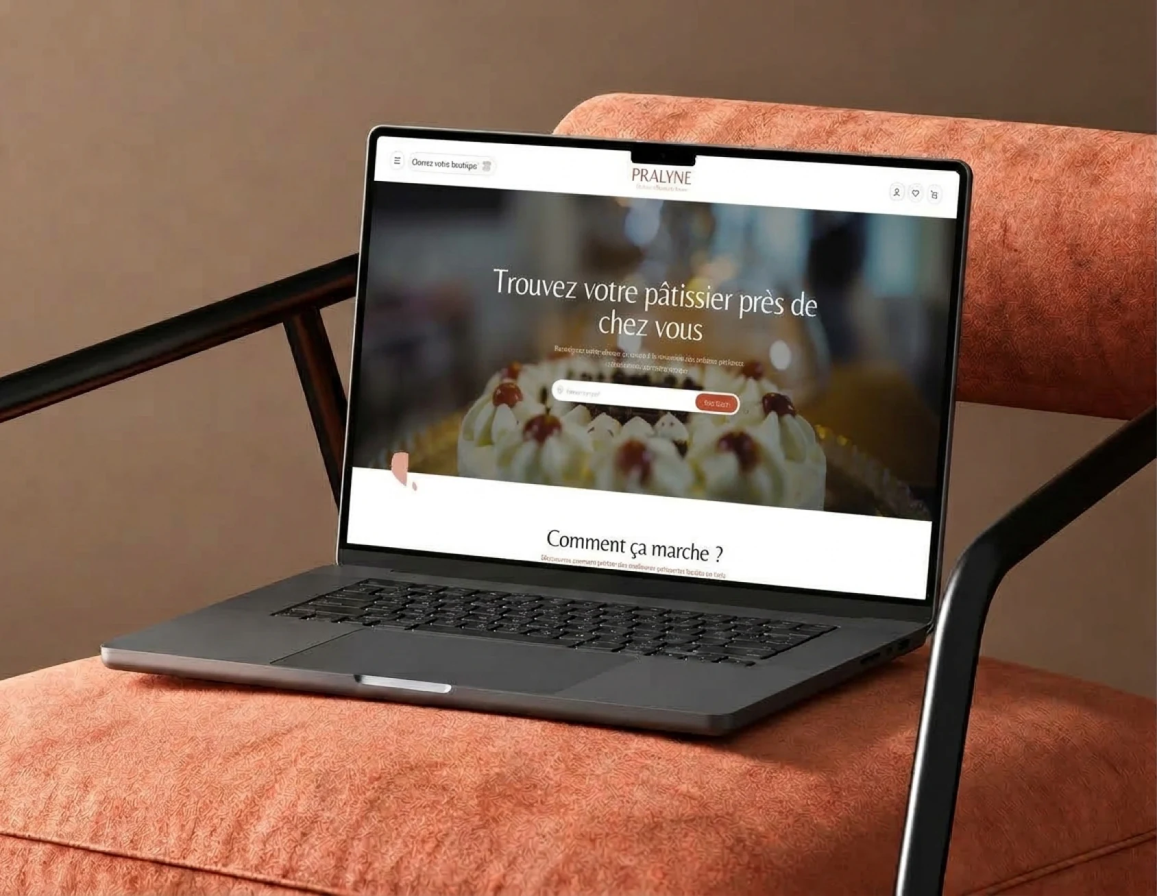Pralyne pastry website shown on a laptop